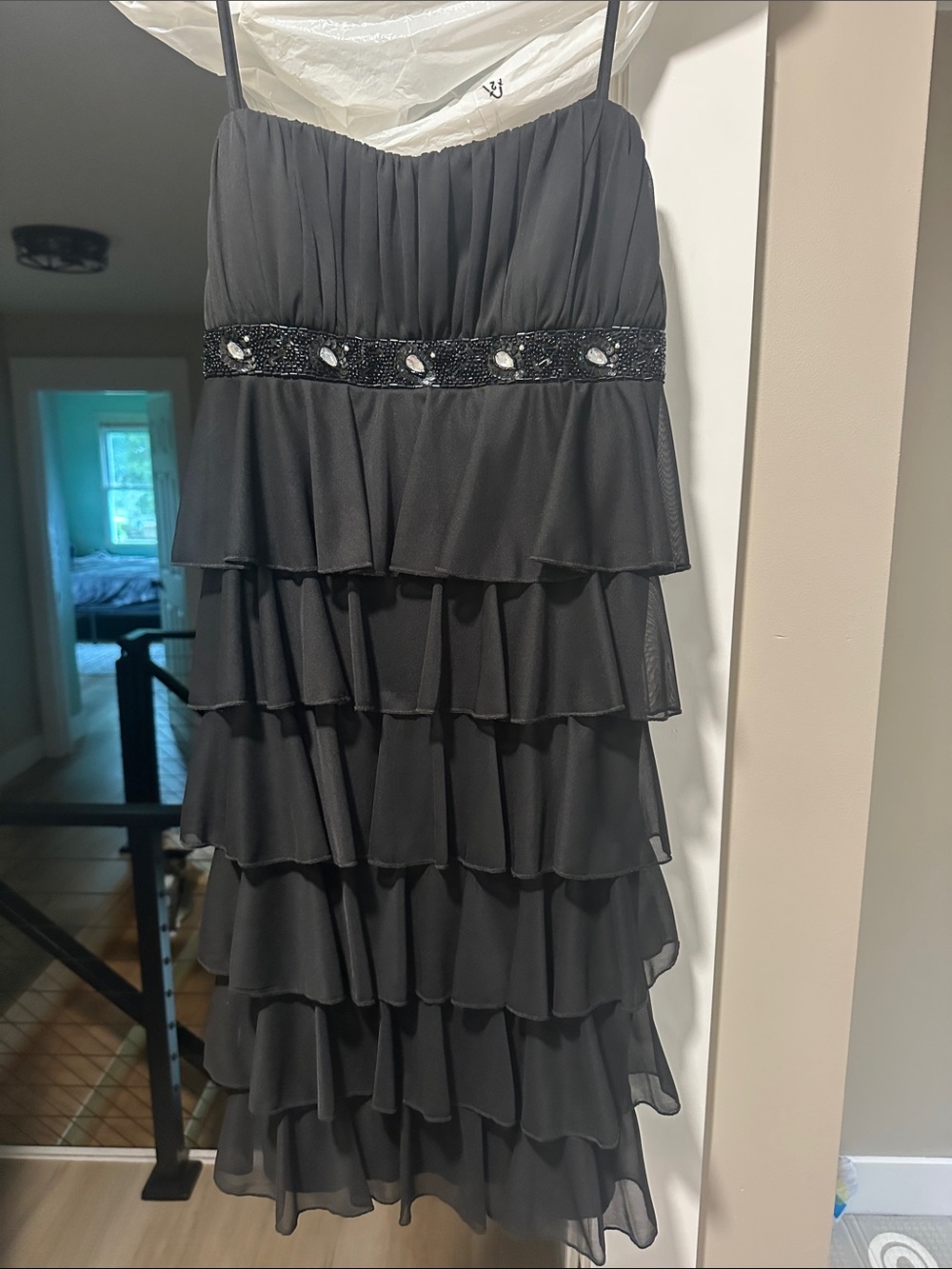 Black Tiered Ruffle Cocktail Dress with Beaded Waistband
